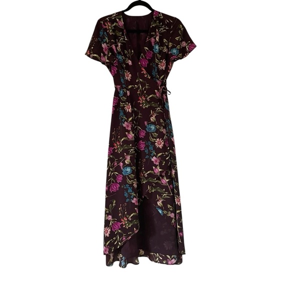Belle Vere Eggplant Purple Floral Wrap Tie Front Maxi Dress Lined NOWT - Picture 6 of 10